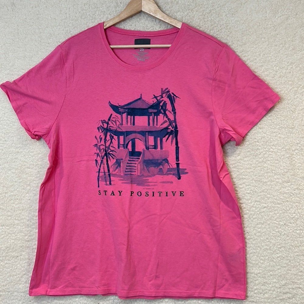 NWOT Basic Editions Womens Pink Stay Positive Pagoda  Bamboo Top Tee Shirt 2X